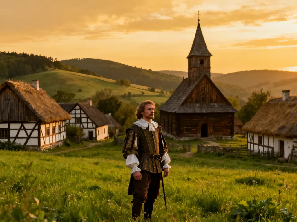 Szlachcic w XVII-wiecznym stroju na tle historycznej wsi z drewnianymi chatami, gdzie kręcono serial „1670”.