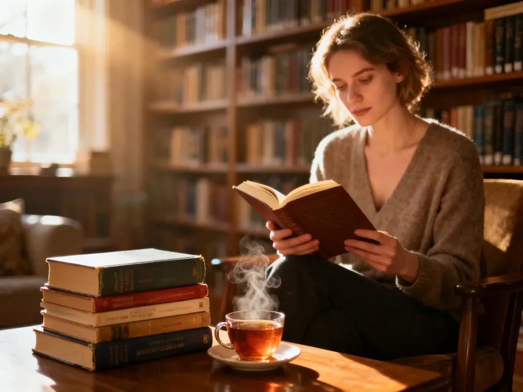 Kobieta czytająca książkę w przytulnej domowej biblioteczce z filiżanką herbaty na stole.