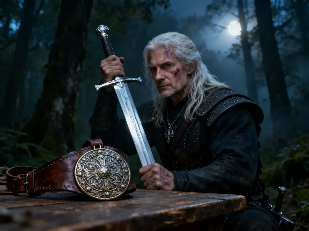 Wiedźmin z mieczem i medalionem na tle mrocznego, mglistego lasu w klimacie dark fantasy.
