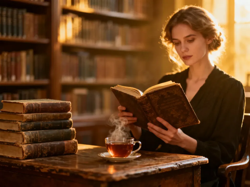 Kobieta czytająca książkę w przytulnej bibliotece przy filiżance herbaty, tworząca nastrojowy klimat literatury Merryn Allingham.