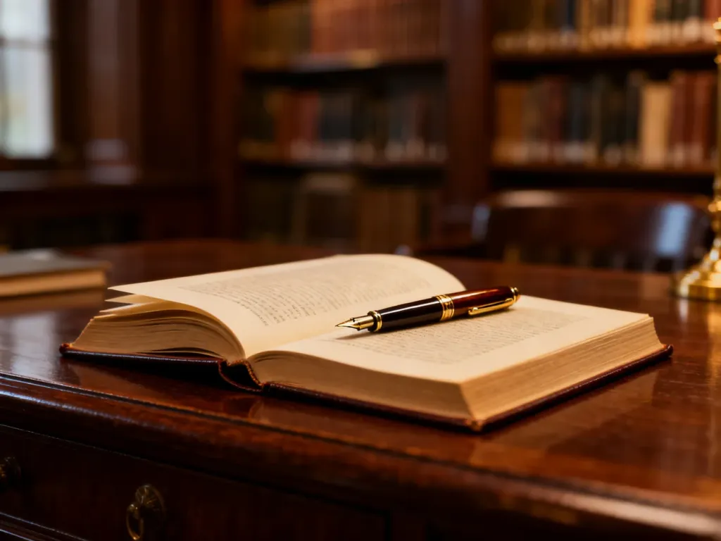Otwarte książki na drewnianym biurku z piórem wiecznym w przytulnym wnętrzu biblioteki.