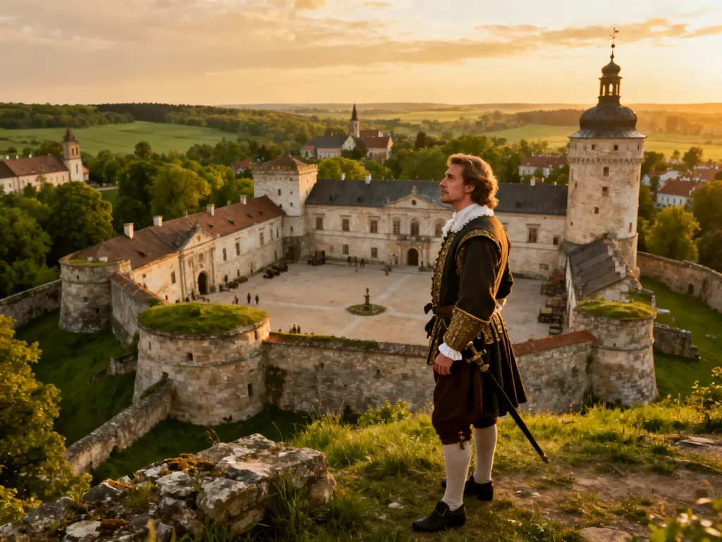 Szlachcic w historycznym stroju na dziedzińcu zamkowym w świetle zachodzącego słońca, nawiązujący do klimatu filmu Potop.