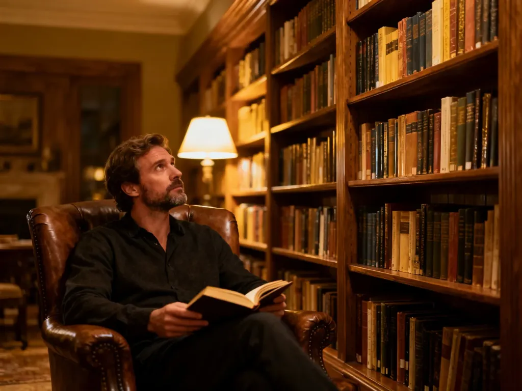 Mężczyzna w domowej bibliotece czyta książkę, siedząc w fotelu na tle regałów wypełnionych literaturą.