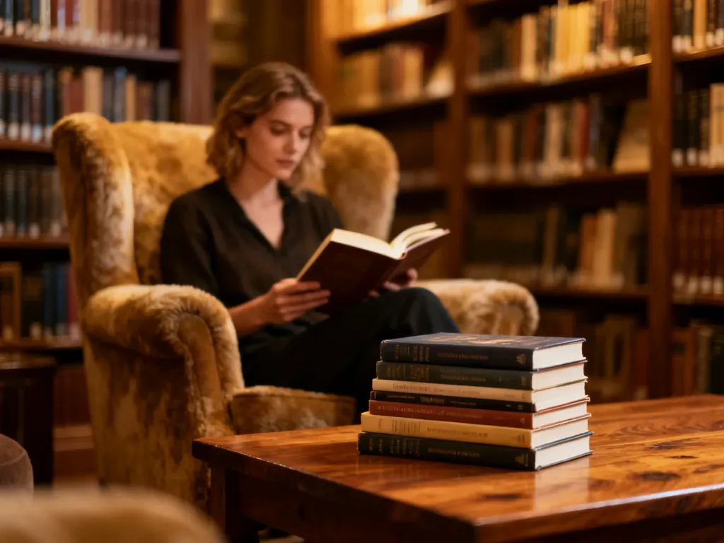 Kobieta czytająca książkę w przytulnej bibliotece, obok której na stoliku leży stos powieści.