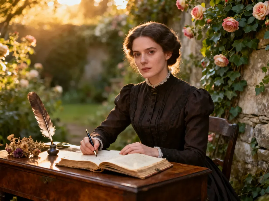 Frances Hodgson Burnett przy biurku z piórem, w tle zarys tajemniczego ogrodu w stylu wiktoriańskim.