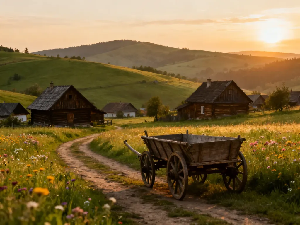 Malowniczy polski krajobraz wiejski z drewnianymi chatami i wozem, przypominający scenerię z filmu „Sami swoi”.