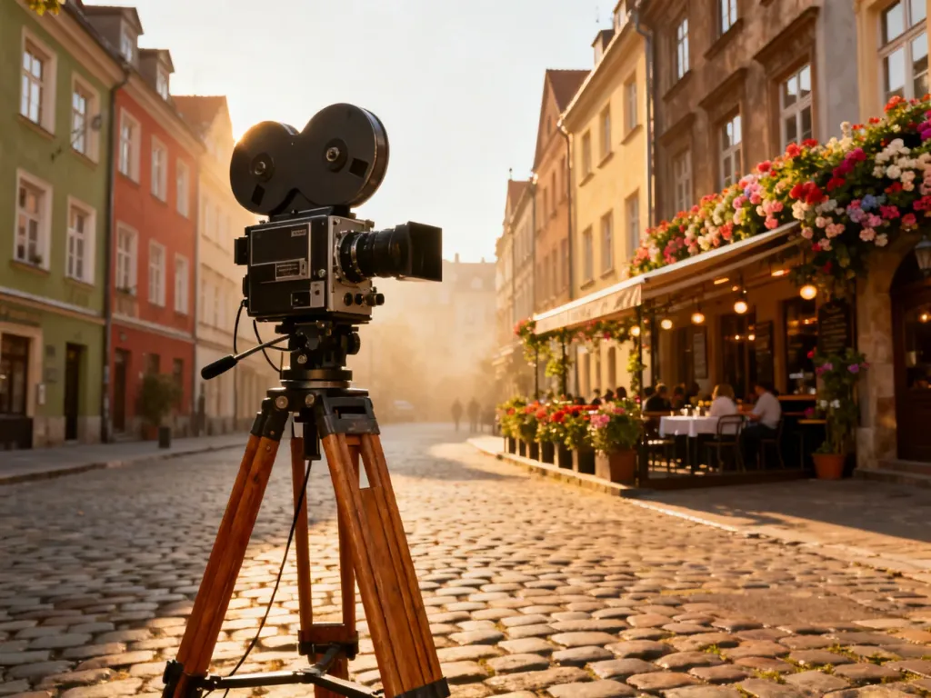 Profesjonalna kamera filmowa na tle urokliwej, zabytkowej uliczki w polskim mieście podczas kręcenia filmu.