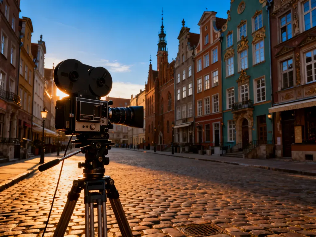 Zabytkowa kamera filmowa na tle malowniczej uliczki z kamienicami w Gdańsku podczas złotej godziny.