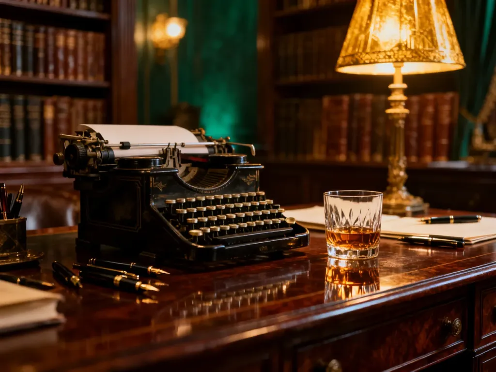 Zabytkowa maszyna do pisania i szklanka whisky na biurku w gabinecie w stylu lat 20., nawiązujące do epoki Wielkiego Gatsby'ego.