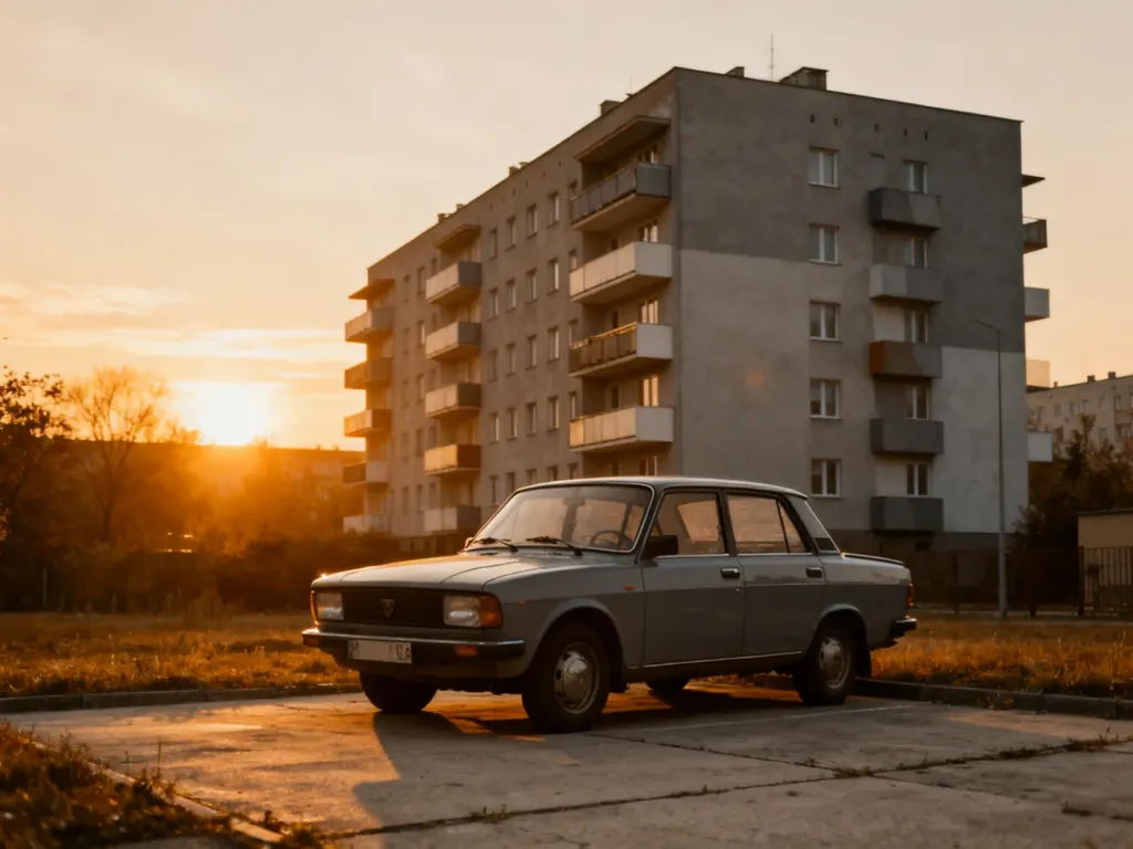 Blok z wielkiej płyty w Warszawie podczas zachodu słońca, przywodzący na myśl klimat serialu „Alternatywy 4”.