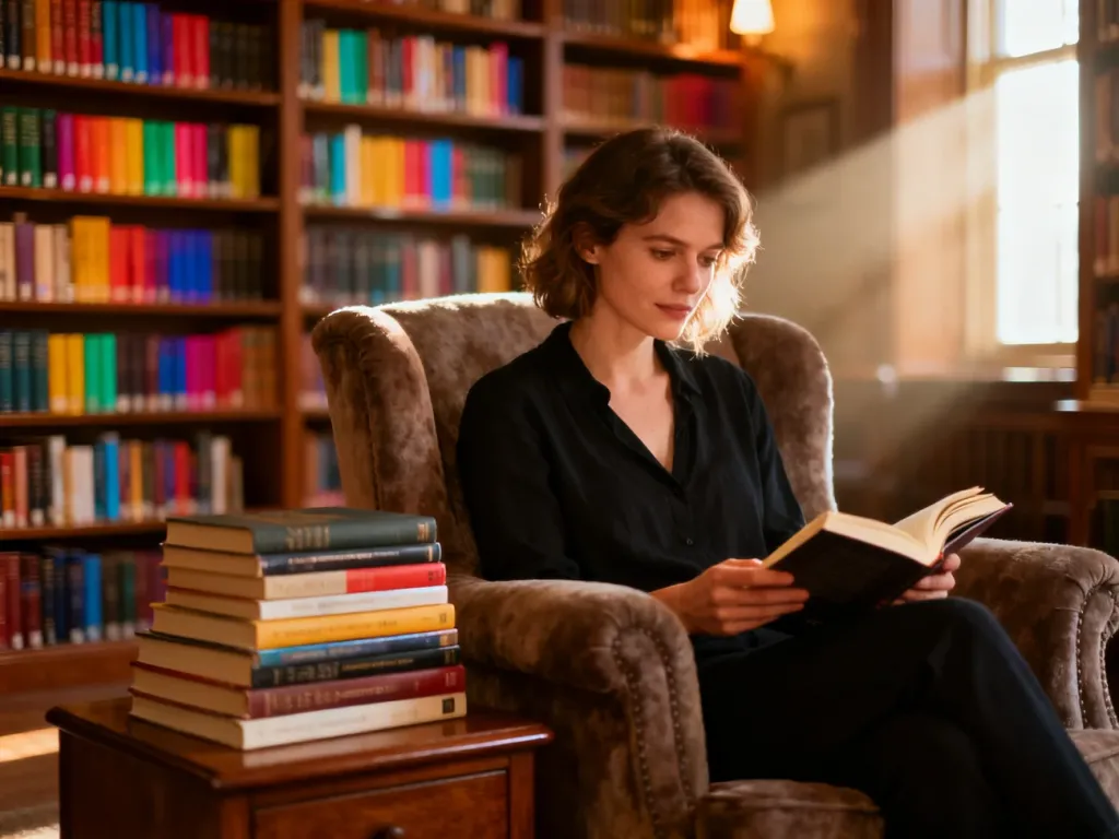 Kobieta czytająca książkę w przytulnym wnętrzu biblioteki z regałami pełnymi literatury.