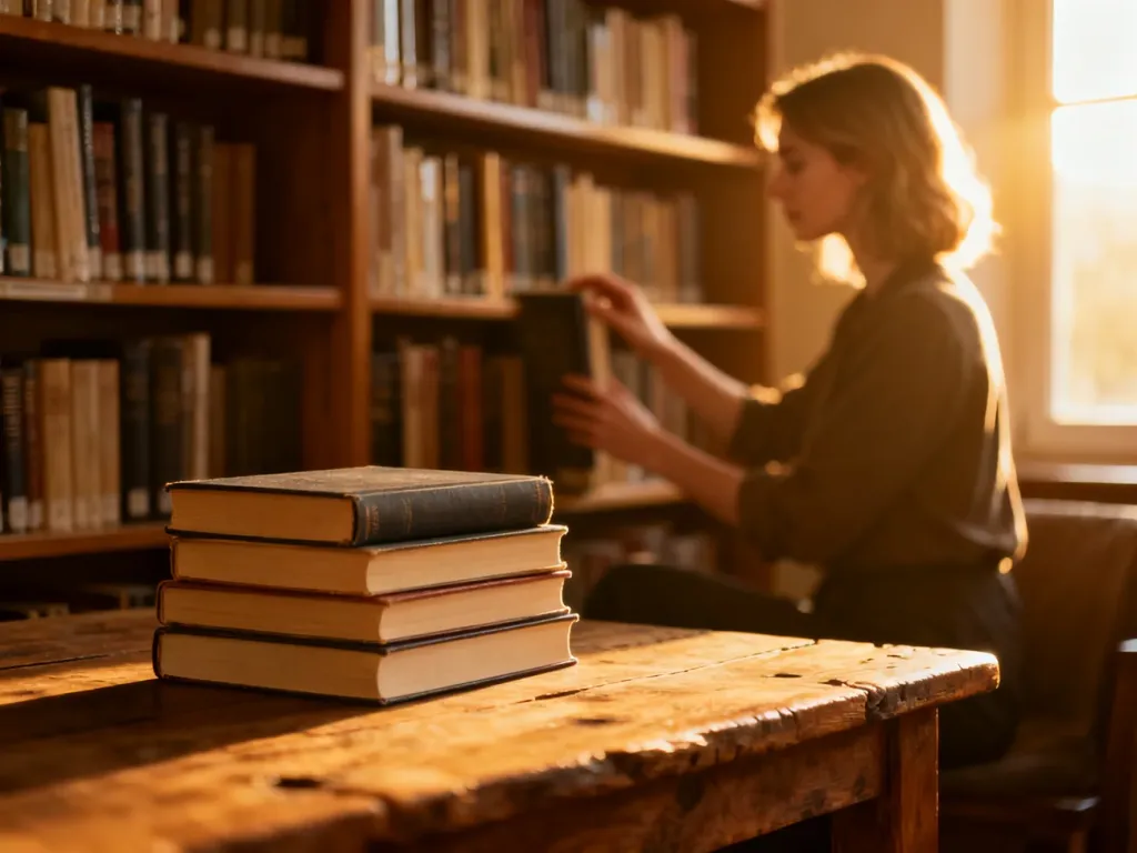 Kobieta sięgająca po książkę w przytulnym, słonecznym kąciku czytelniczym z regałem pełnym literatury.