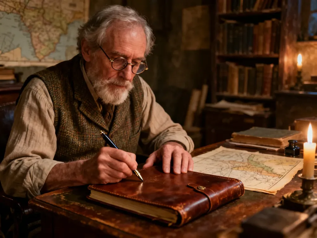 J.R.R. Tolkien siedzący przy biurku w swoim gabinecie, piszący piórem w skórzanym dzienniku.