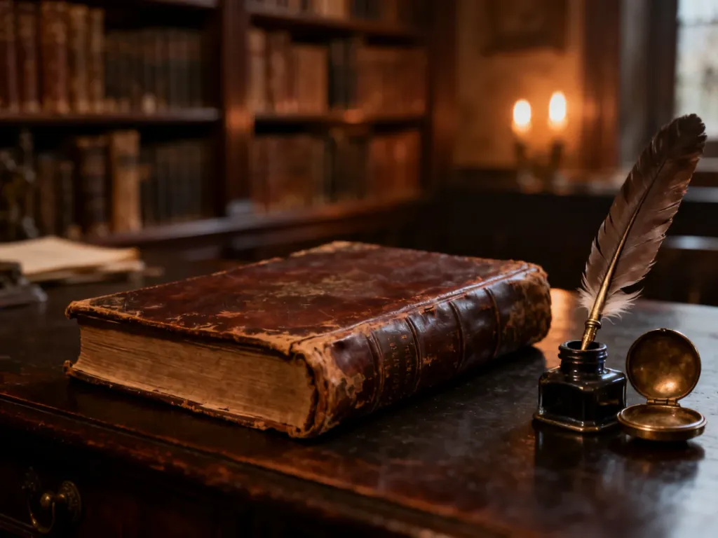 Stara, skórzana księga z piórem i kałamarzem na drewnianym biurku, przywołująca klimat dawnej literatury.