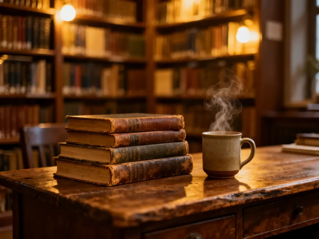 Stos książek na drewnianym biurku w przytulnej bibliotece, zachęcający do lektury serii Grzegorza Brudnika.