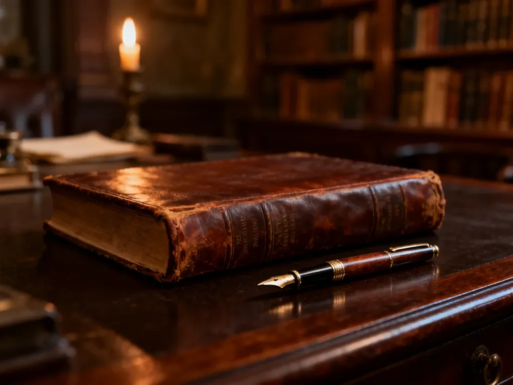 Stara książka w skórzanej oprawie i pióro wieczne na drewnianym biurku w nastrojowym gabinecie pełnym literatury.