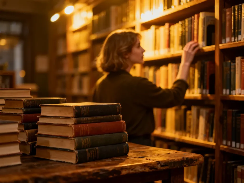 Kobieta sięgająca po książkę w przytulnej bibliotece z regałami pełnymi literatury w ciepłym, nastrojowym świetle.