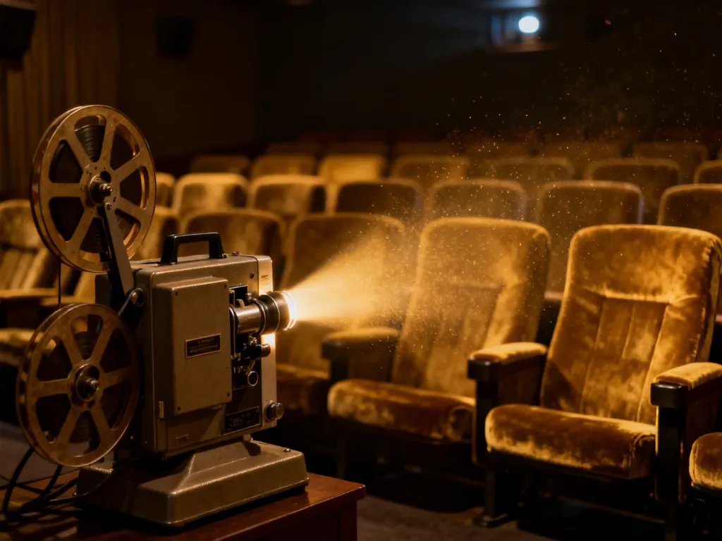 Stary projektor filmowy wyświetlający snop światła w klimatycznej sali kinowej z rzędami aksamitnych foteli.