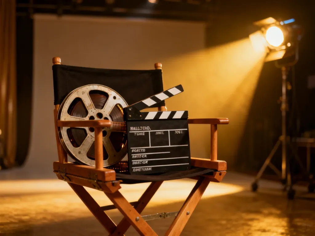 Drewniane krzesło reżyserskie z klapsem filmowym i szpulą taśmy, nawiązujące do klasycznej estetyki Hollywood.