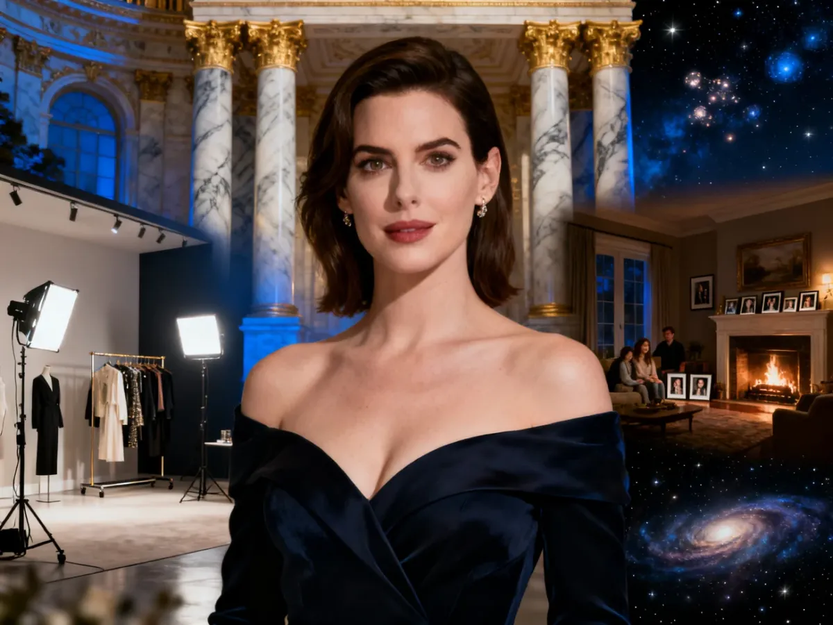 Anne Hathaway surrounded by visual motifs from her varied film roles