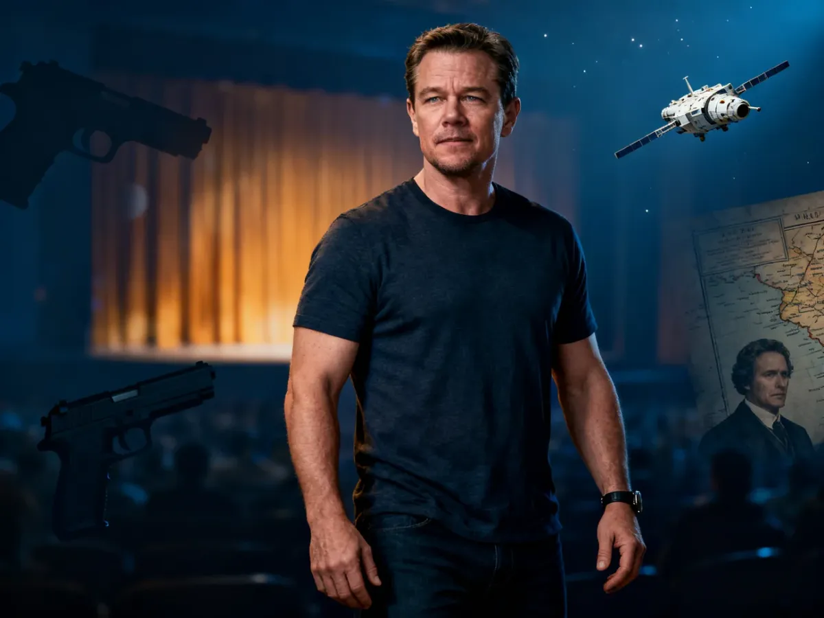 Matt Damon przedstawiony na tle motywów nawiązujących do różnych etapów jego kariery filmowej