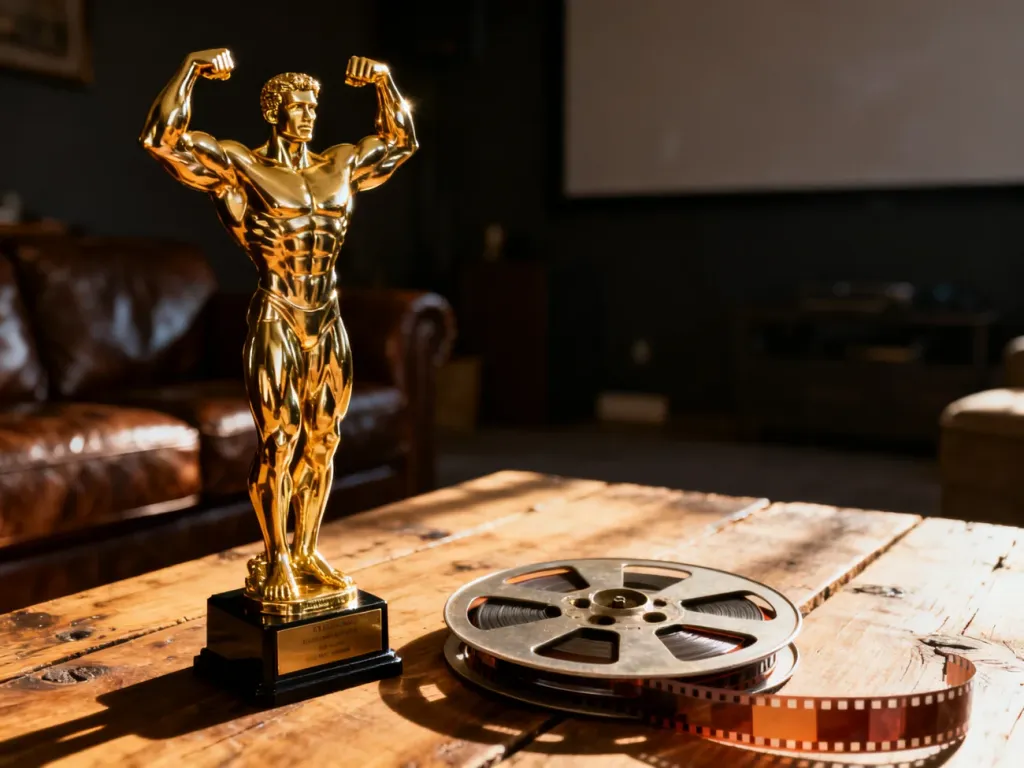 Trofeum kulturystyczne i rolka filmu na drewnianym stole, symbolizujące karierę Arnolda Schwarzeneggera.