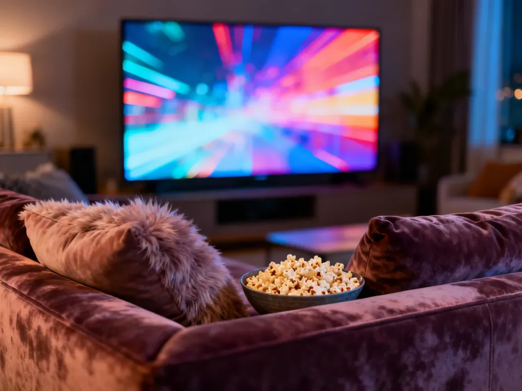 Przytulny salon z włączonym telewizorem, kanapą i miską popcornu, zachęcający do wieczornego maratonu seriali.