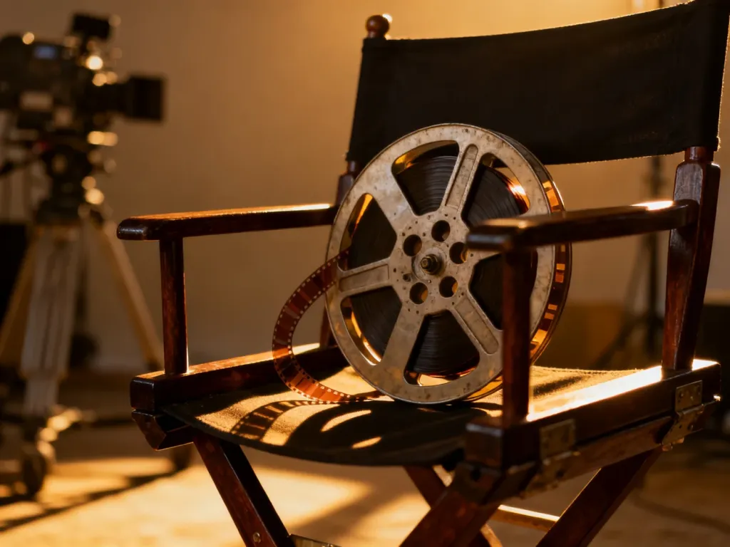 Szpula filmu 35mm na reżyserskim krześle w świetle zachodzącego słońca, nawiązująca do klimatu produkcji filmowych.