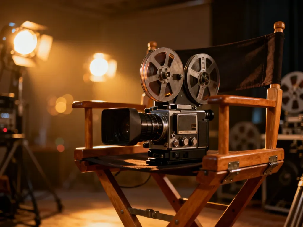 Profesjonalna kamera filmowa na planie zdjęciowym w ciepłym, kinowym oświetleniu.