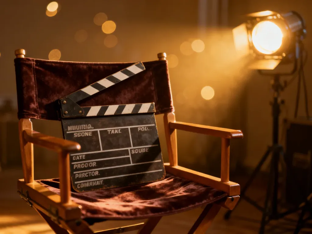 Profesjonalny klaps filmowy na aksamitnym krześle reżyserskim w blasku studyjnych świateł.