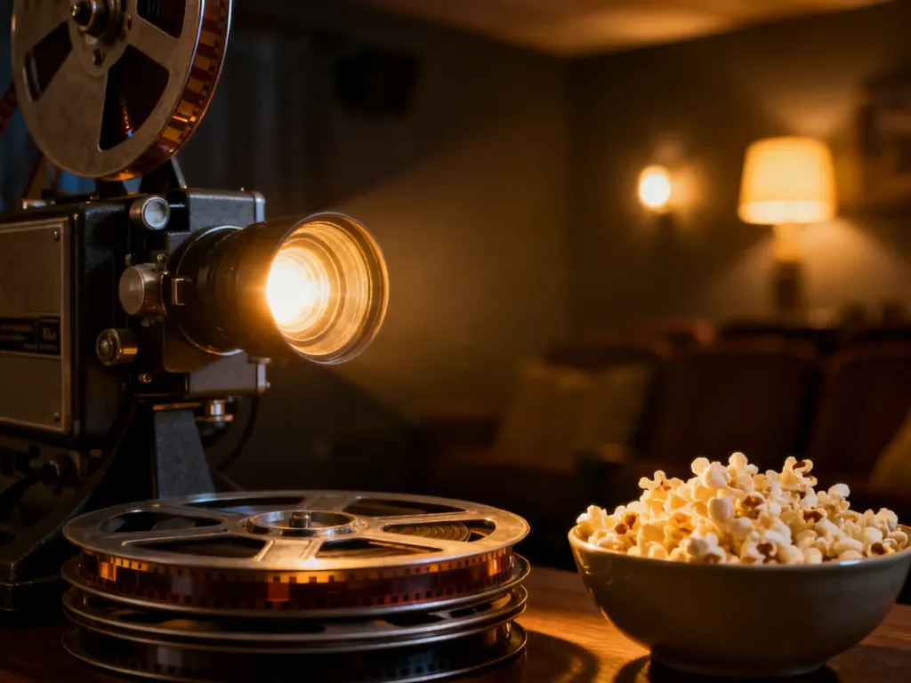 Zabytkowy projektor filmowy z rolkami taśmy i miską popcornu, tworzący nostalgiczny klimat domowego kina.