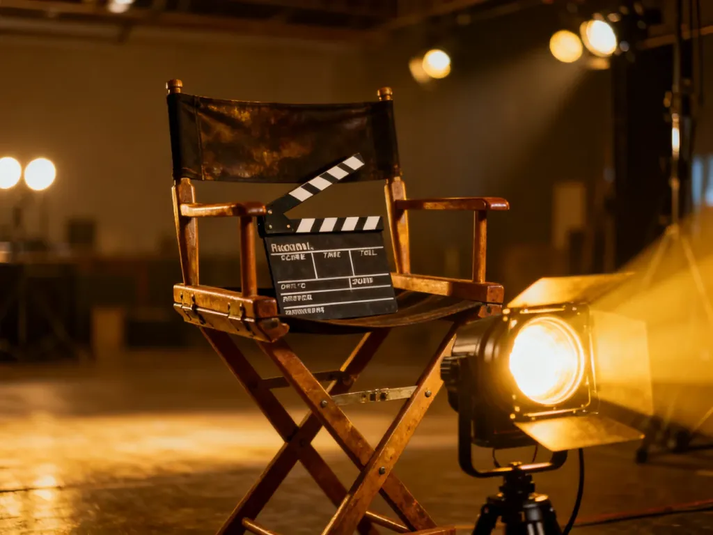 Krzesło reżyserskie z klapsem filmowym w profesjonalnym studiu, nawiązujące do kariery aktorskiej Jennifer Aniston.