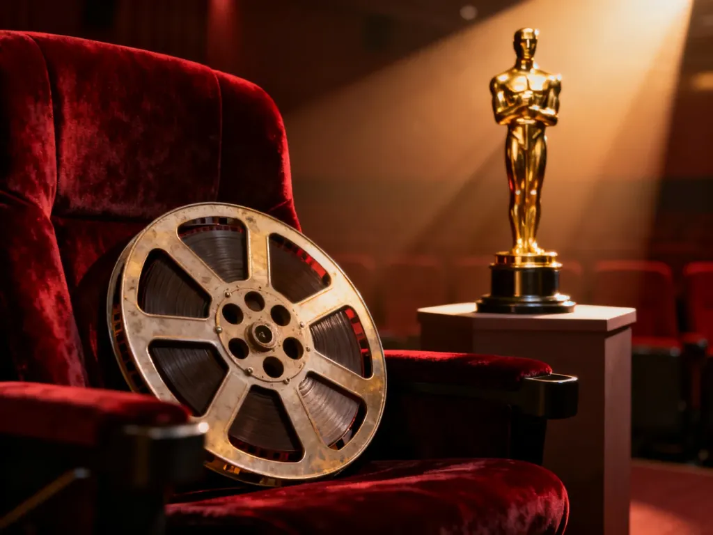 Szpula filmowa na fotelu kinowym oraz statuetka oscarowa w tle, symbolizujące wybitne osiągnięcia aktorskie.