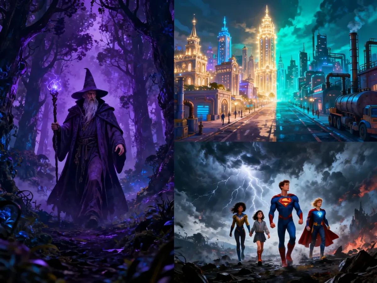Kolaż różnorodnych światów fantasy z magiem, niezwykłym miastem i bohaterami o nadnaturalnych mocach