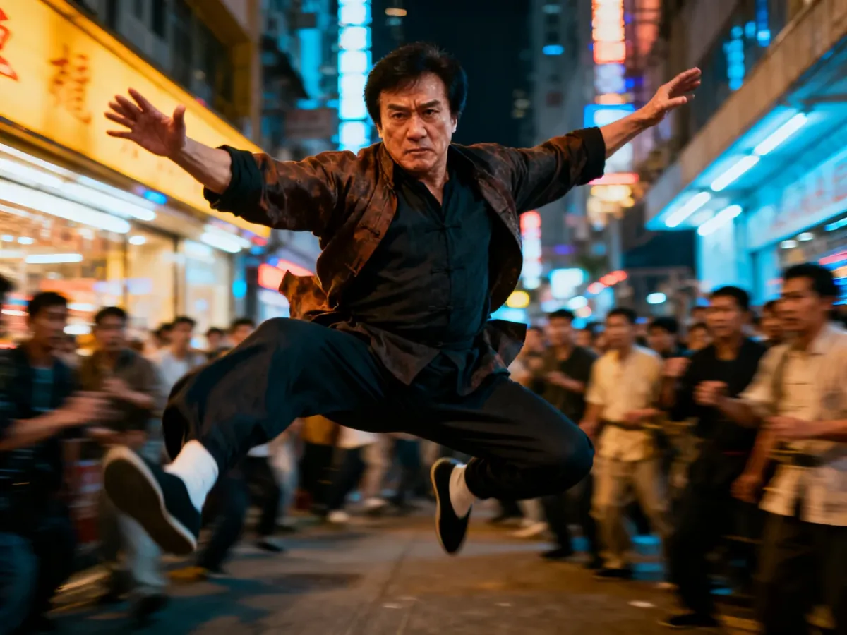 Jackie Chan wykonujący akrobatyczny ruch kung-fu na tle miejskiej scenerii