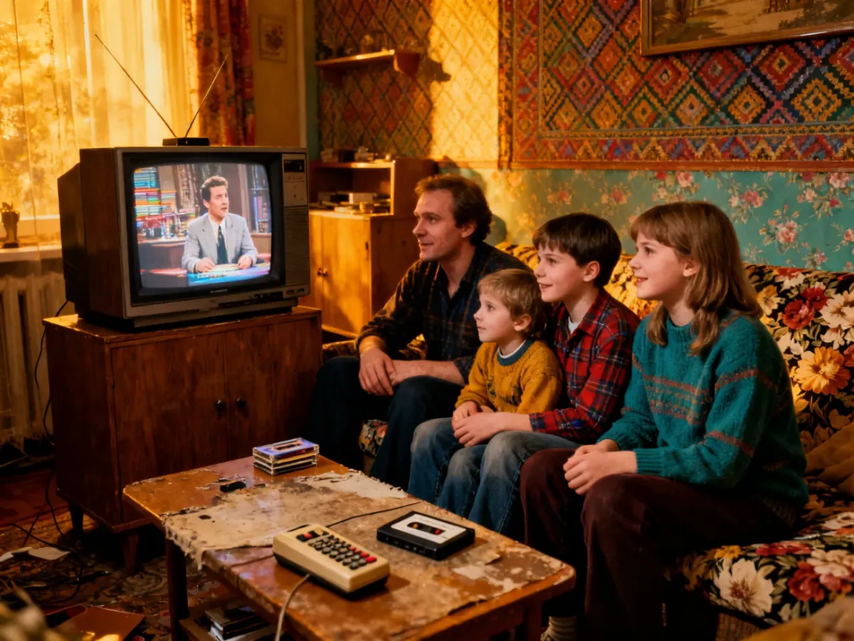 Rodzina oglądająca serial przy telewizorze w salonie z lat 90.