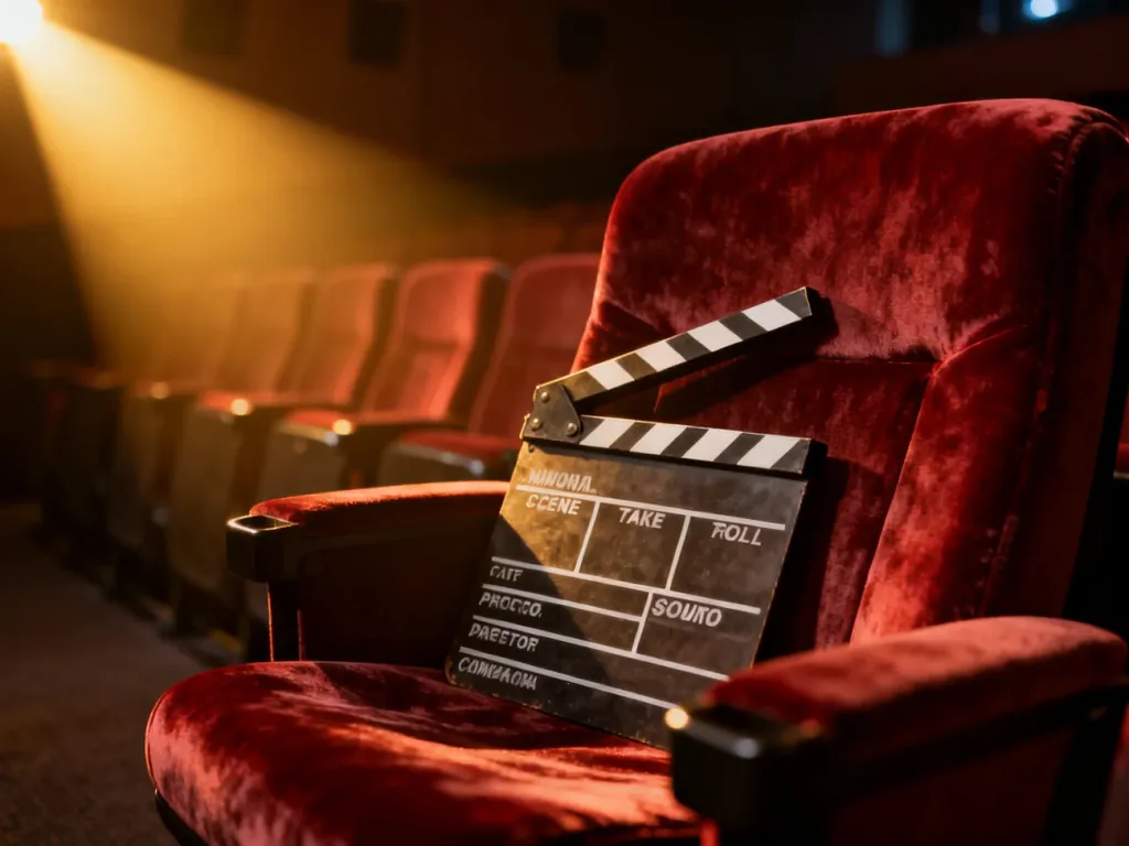 Klapa filmowa spoczywająca na aksamitnym fotelu w kinowej sali, podkreślająca filmowy charakter zestawienia.