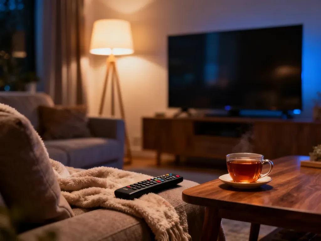 Przytulny salon z kanapą, ciepłą herbatą i włączonym telewizorem, zachęcający do wieczornego oglądania seriali.