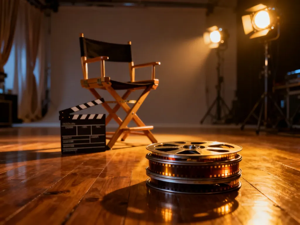 Krzesło reżyserskie, klaps filmowy i taśmy filmowe w profesjonalnym studiu, nawiązujące do świata kina.