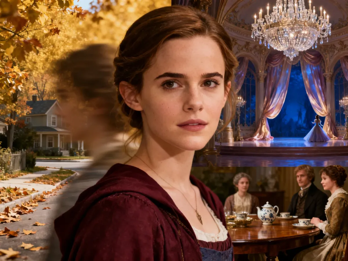 Kolaż przedstawiający różnorodne role filmowe Emmy Watson