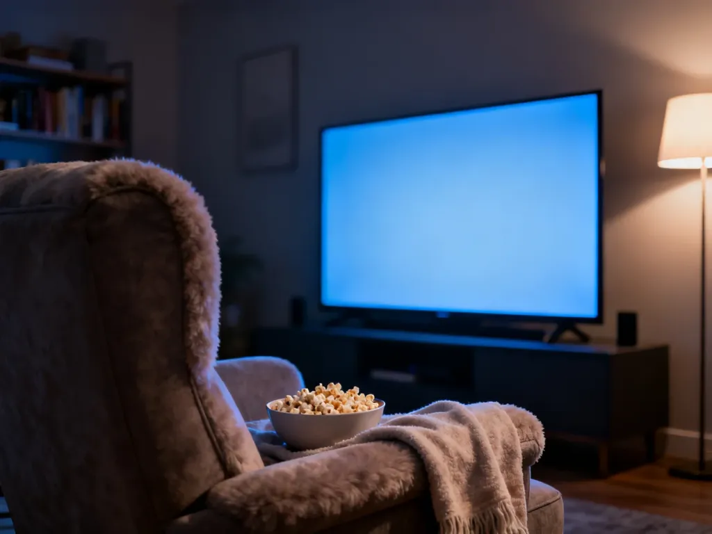 Przytulny salon z włączonym telewizorem, fotelem i miską popcornu, tworzący idealną atmosferę do domowego seansu filmowego.