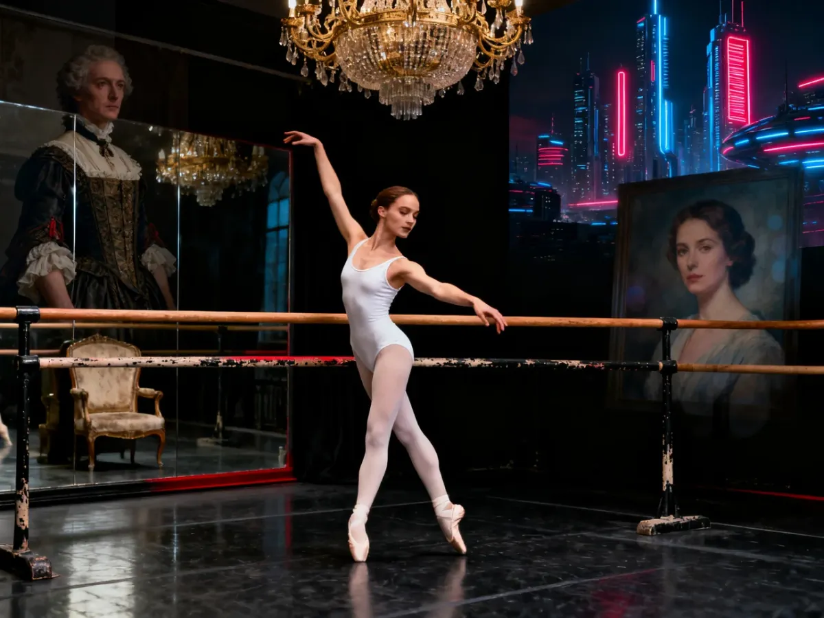 Kolaż przedstawiający różnorodne role aktorskie Natalie Portman, z baleriną na pierwszym planie