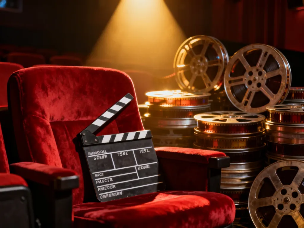 Klapa filmowa na czerwonym fotelu kinowym oraz rolki taśmy filmowej w tle, nawiązujące do klasyki światowego kina.