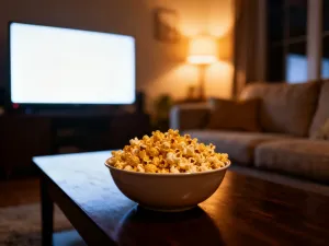 Zabytkowy projektor filmowy z rolkami taśmy i miską popcornu, tworzący nostalgiczny klimat domowego kina.