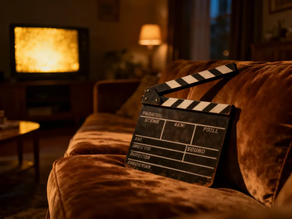 Klapa filmowa na aksamitnej kanapie w przytulnym salonie, tworząca nastrojowy klimat wieczornego seansu filmowego.