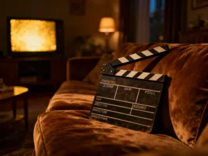 Obiektyw kamery filmowej na scenariuszu, przywołujący klimat klasycznego kina Hollywood.