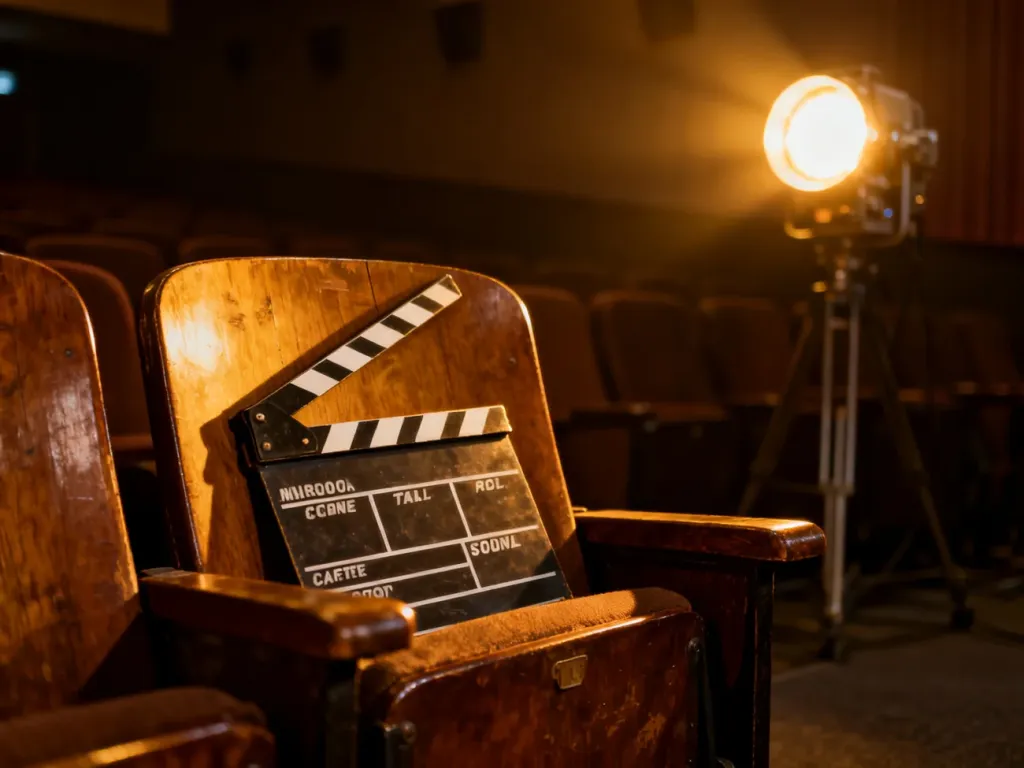 Klapa filmowa na starym fotelu kinowym w klimatycznym, przyciemnionym wnętrzu, nawiązująca do świata kina.