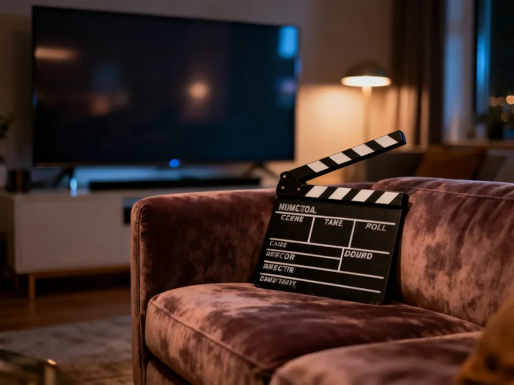 Profesjonalny klaps filmowy na kanapie w przytulnym salonie, zapowiadający wieczór z polskimi serialami.