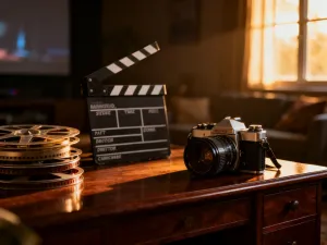 Postapokaliptyczny krajobraz zniszczonego miasta z zardzewiałym samochodem w mrocznej, filmowej scenerii.