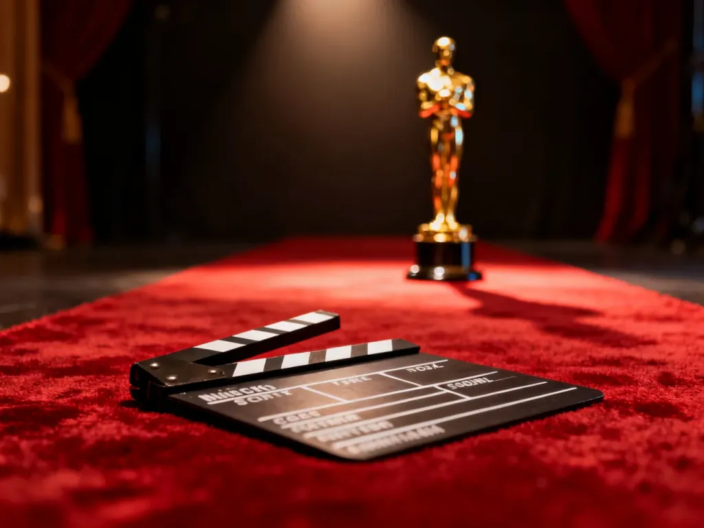 Filmowy klaps na czerwonym dywanie ze statuetką w tle, symbolizujący sukcesy aktorskie Jennifer Lawrence.